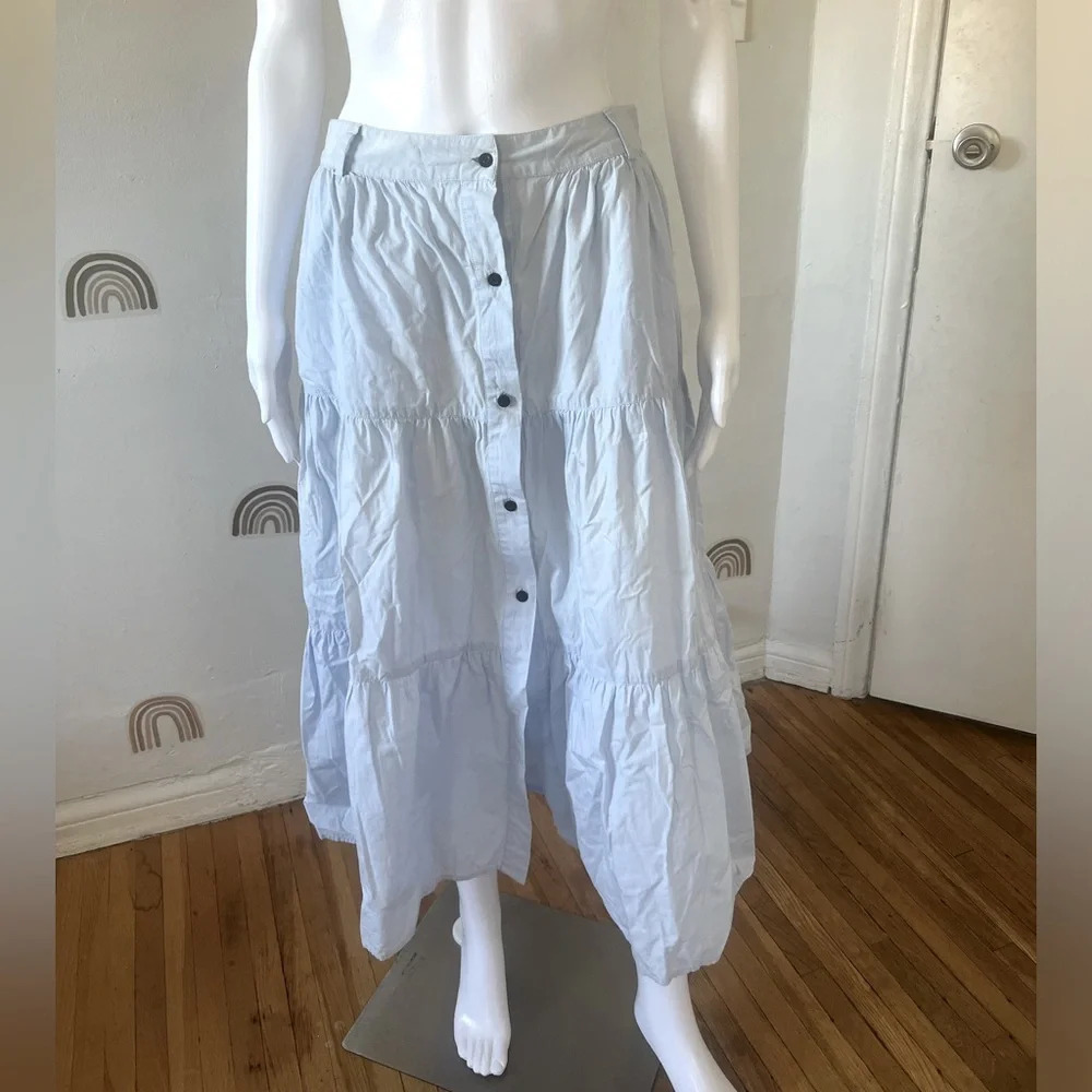 SOLID & STRIPED tiered button up maxi skirt blue | M